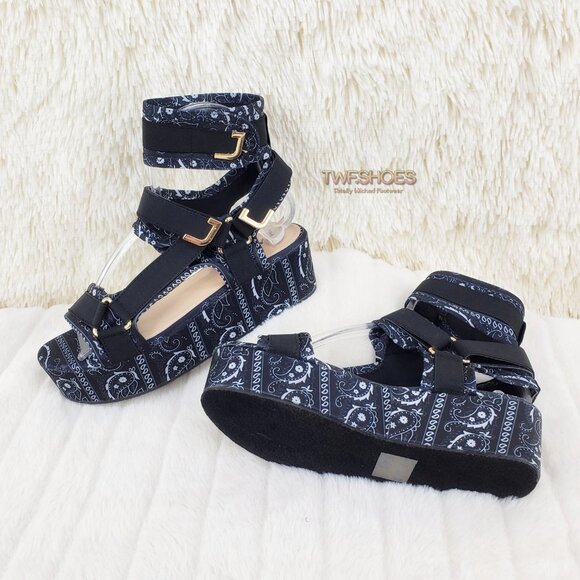 Bandanna 2" Platform Sandals harness strap shoes Black Bandana - Picture 7 of 14